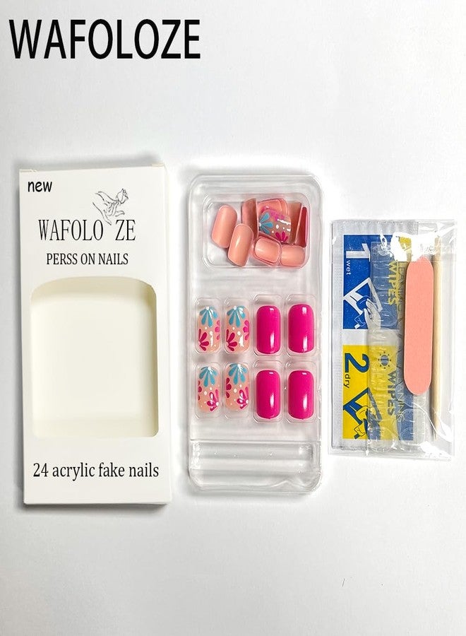 WAFOLOZE Press On Nails Short, Acrylic Nail Press ons, Short Square Press on Nails Fake Nails Glossy Red False Nails with Blue Pink Flowers Press ons Design Artificial Stick on Nails for Women 24Pcs - Image 3